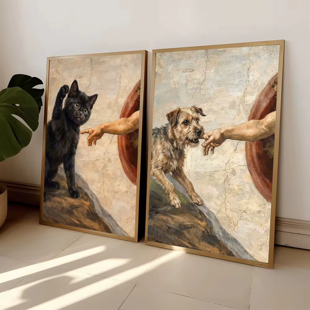 Affiche sur toile « La création d'Adam avec une patte de chat et de chien », impression d'affiche tendance pour décoration de salon et de maison