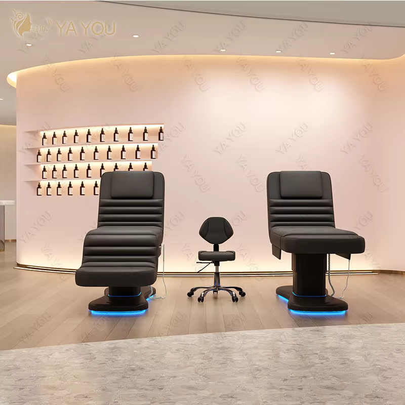 Table de massage électrique à 3 moteurs avec éclairage LED, chaise faciale noire côtelée, mobilier de spa médical et de salon de beauté
