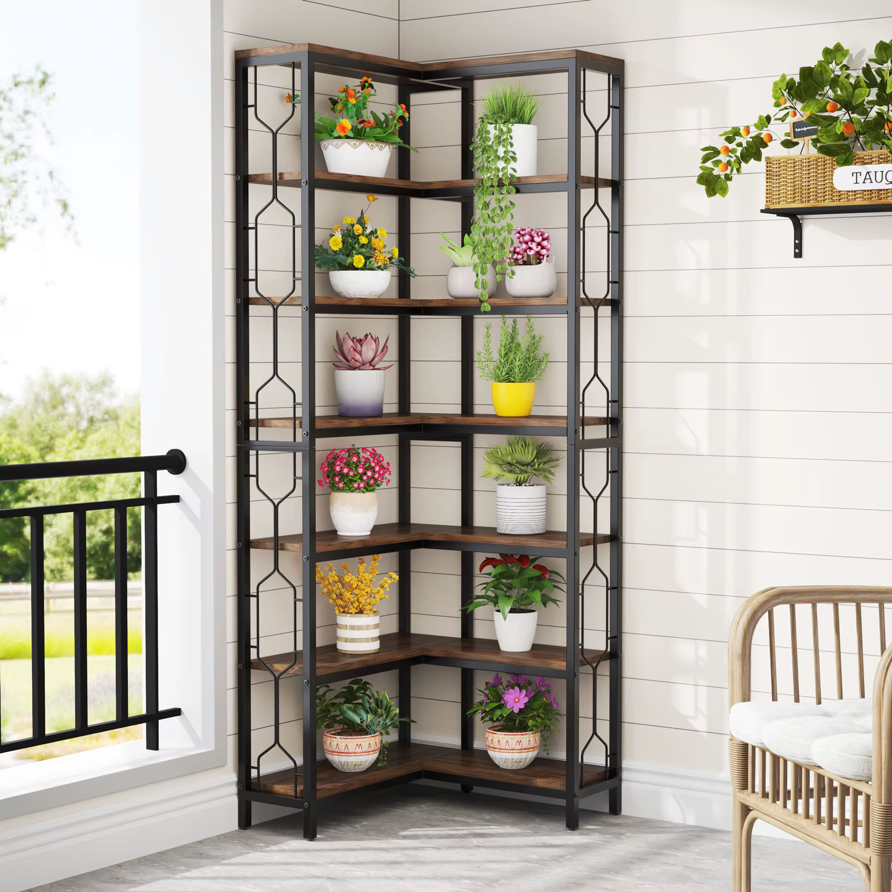 Étagère d'angle moderne, 78,74 pouces de hauteur, en bois, 7 niveaux, style industriel, étagère ouverte avec structure métallique robuste pour salon