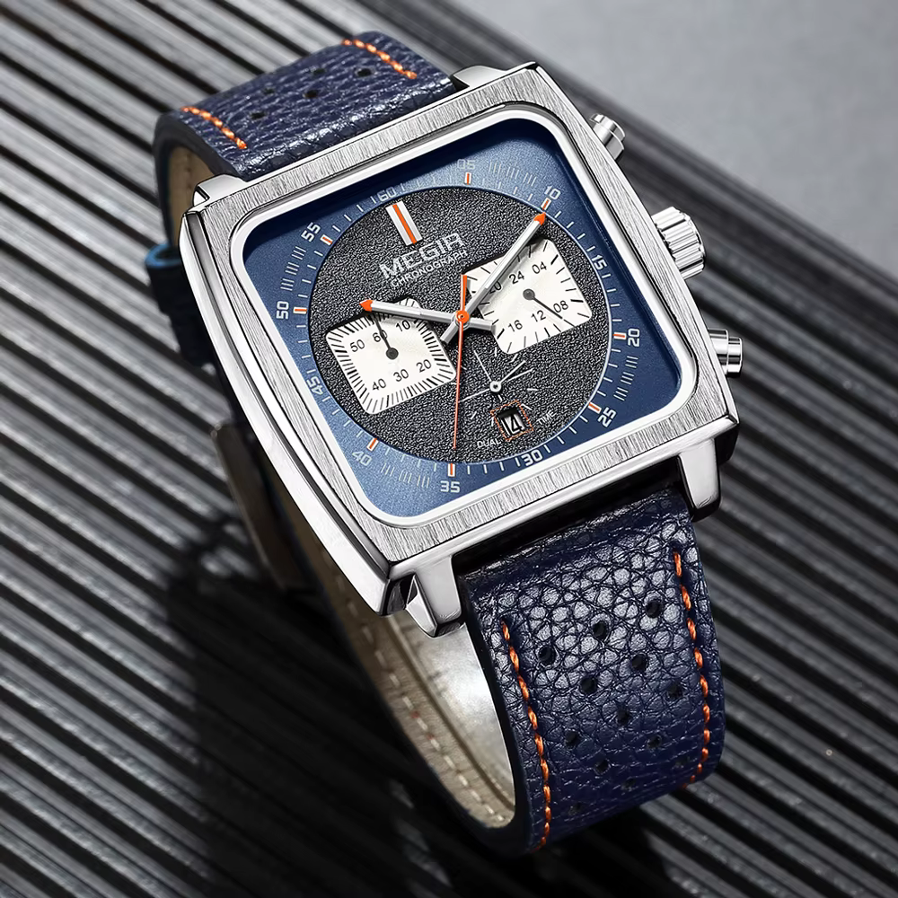 MEGIR cadran carré chronographe montres à Quartz pour hommes mode bracelet en cuir bleu montre-bracelet de Sport décontractée avec Date 24 heures 2182