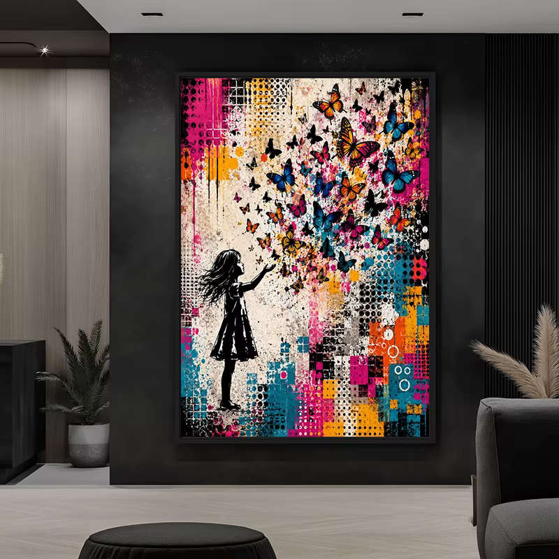 Affiche et impressions de graffiti urbain représentant une jeune fille avec des papillons colorés, peinture sur toile, décor mural, images pour la maison, cuadros.