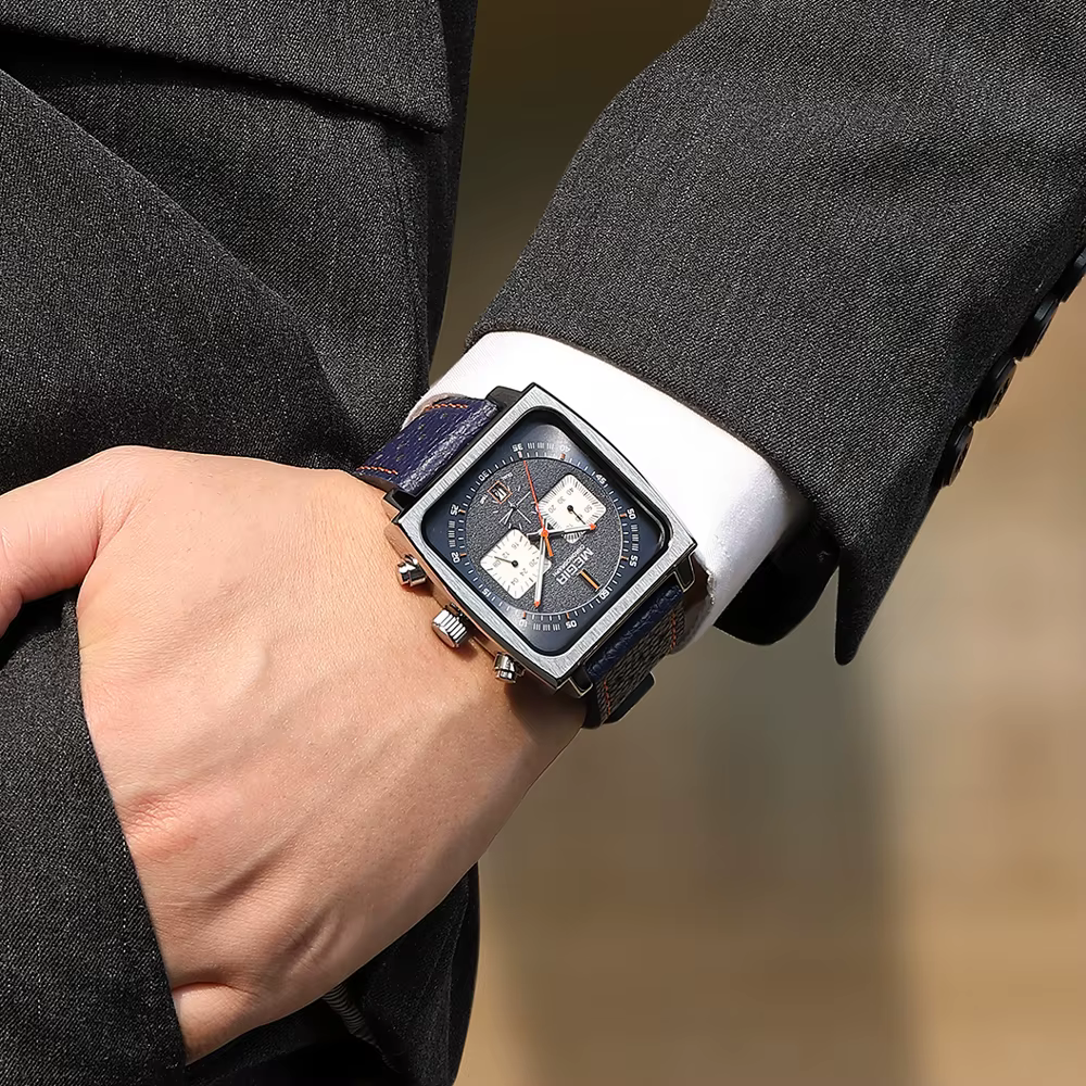 MEGIR cadran carré chronographe montres à Quartz pour hommes mode bracelet en cuir bleu montre-bracelet de Sport décontractée avec Date 24 heures 2182