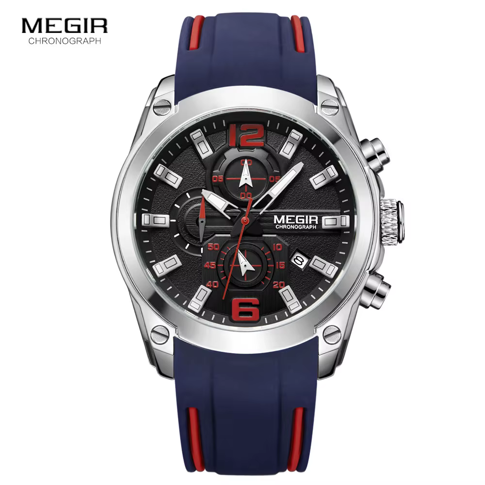 Megir montre à quartz analogique chronographe pour homme avec date, aiguilles lumineuses, bracelet en caoutchouc de silicone étanche pour homme