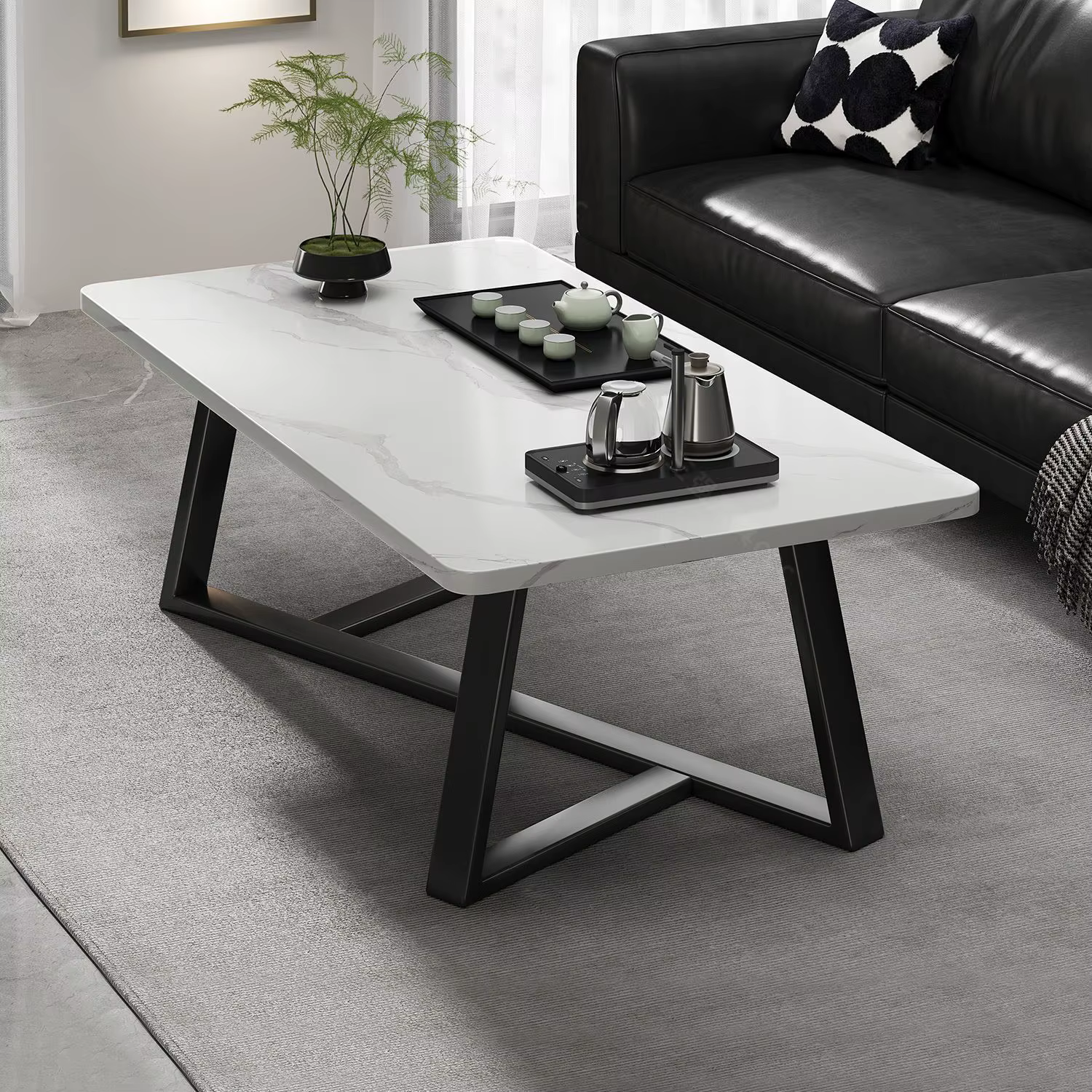 Table basse moderne avec plateau texturé en marbre, cadre en métal robuste, assemblage facile, meubles de Table centrale de salon