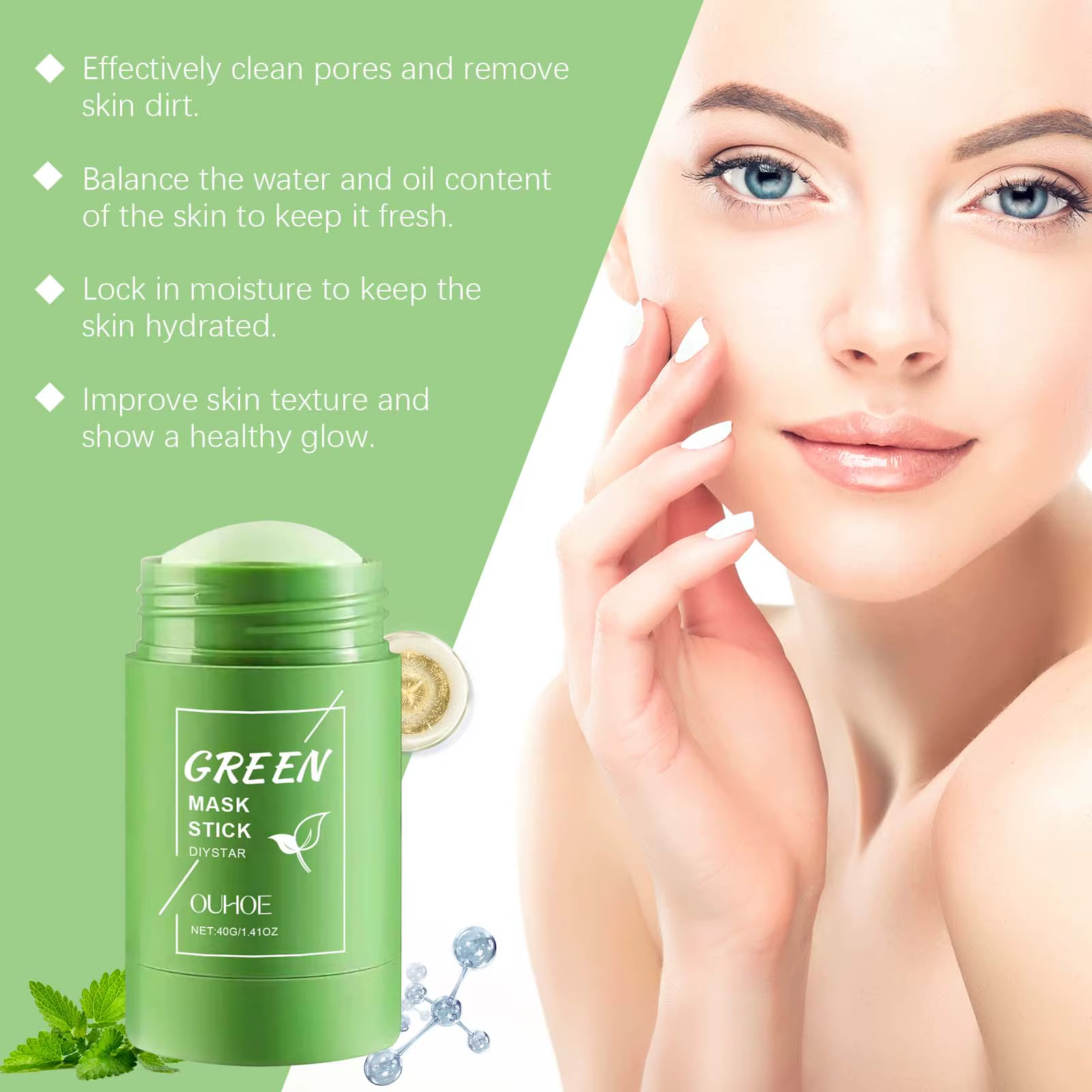 Bâtonnet d'argile au thé vert pour le visage, masque vert en stick, anti-acné, réduit les points noirs, extrait de thé vert, masque facial, nettoyage des pores, 1 à 5 pièces