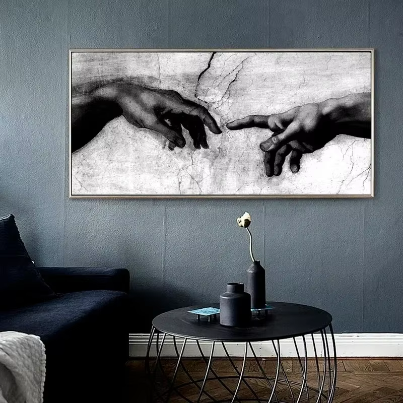 Main de dieu, création d'adam, peinture sur toile noire et blanche imprimée sur images d'art murales de Canavs pour décor de salon (sans cadre)