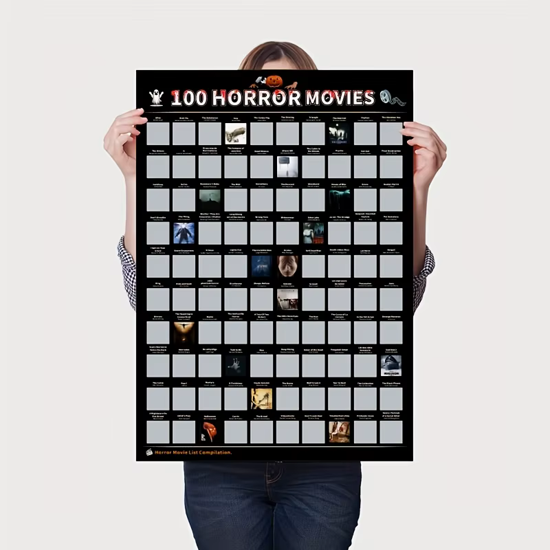 Affiche à gratter sur le thème des films d'horreur - Affiche des 100 meilleurs films d'horreur avec des films d'horreur emblématiques - Cadeau attentionné pour les fans de films d'horreur