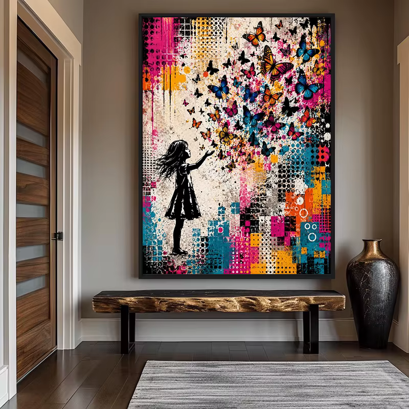 Affiche et impressions de graffiti urbain représentant une jeune fille avec des papillons colorés, peinture sur toile, décor mural, images pour la maison, cuadros.