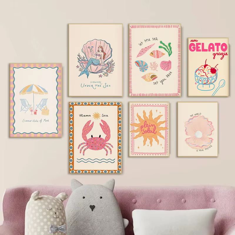 Tableau sur toile Pop Art tropical estival preppy, thème coquillages, vin, homard, vacances à la plage, décoration murale pour club et maison.
