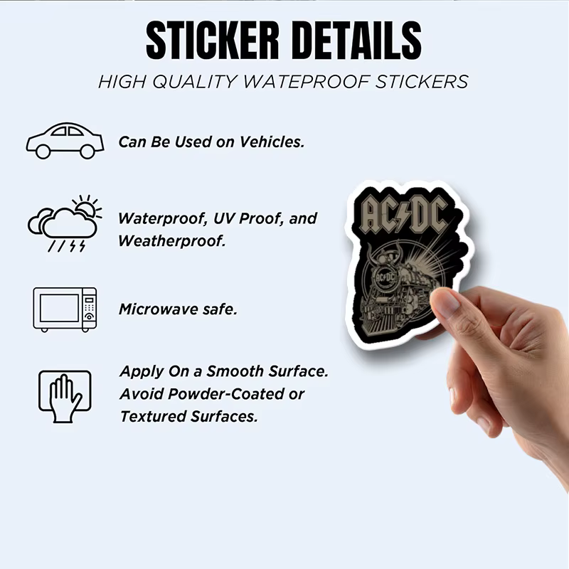 Autocollant ac-dc pour voiture, ordinateurs portables, cahiers, auto-adhésif, forme irrégulière, finition mate, surface en plastique, positionnement arrière