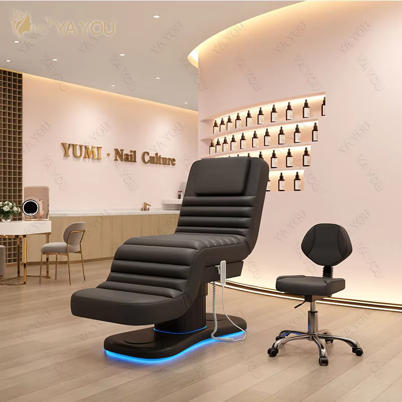 Table de massage électrique à 3 moteurs avec éclairage LED, chaise faciale noire côtelée, mobilier de spa médical et de salon de beauté