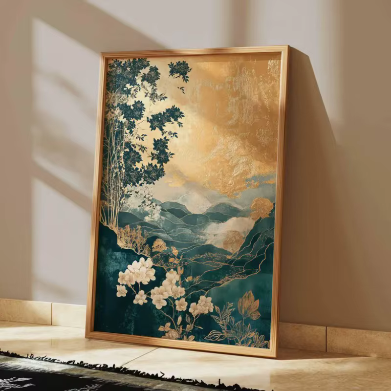 Affiche de paysage Oriental Vintage, soleil et vagues, encens japonais, grue cornée rouge, peinture sur toile, tableau d'art mural, décoration de maison