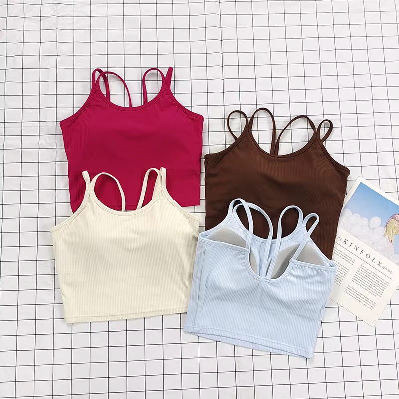 Soutien-gorge de sport côtelé à dos nageur pour femme avec bonnets fixes et coussinets intégrés - Antichoc, léger pour les entraînements de yoga, de pilates et de gymnastique