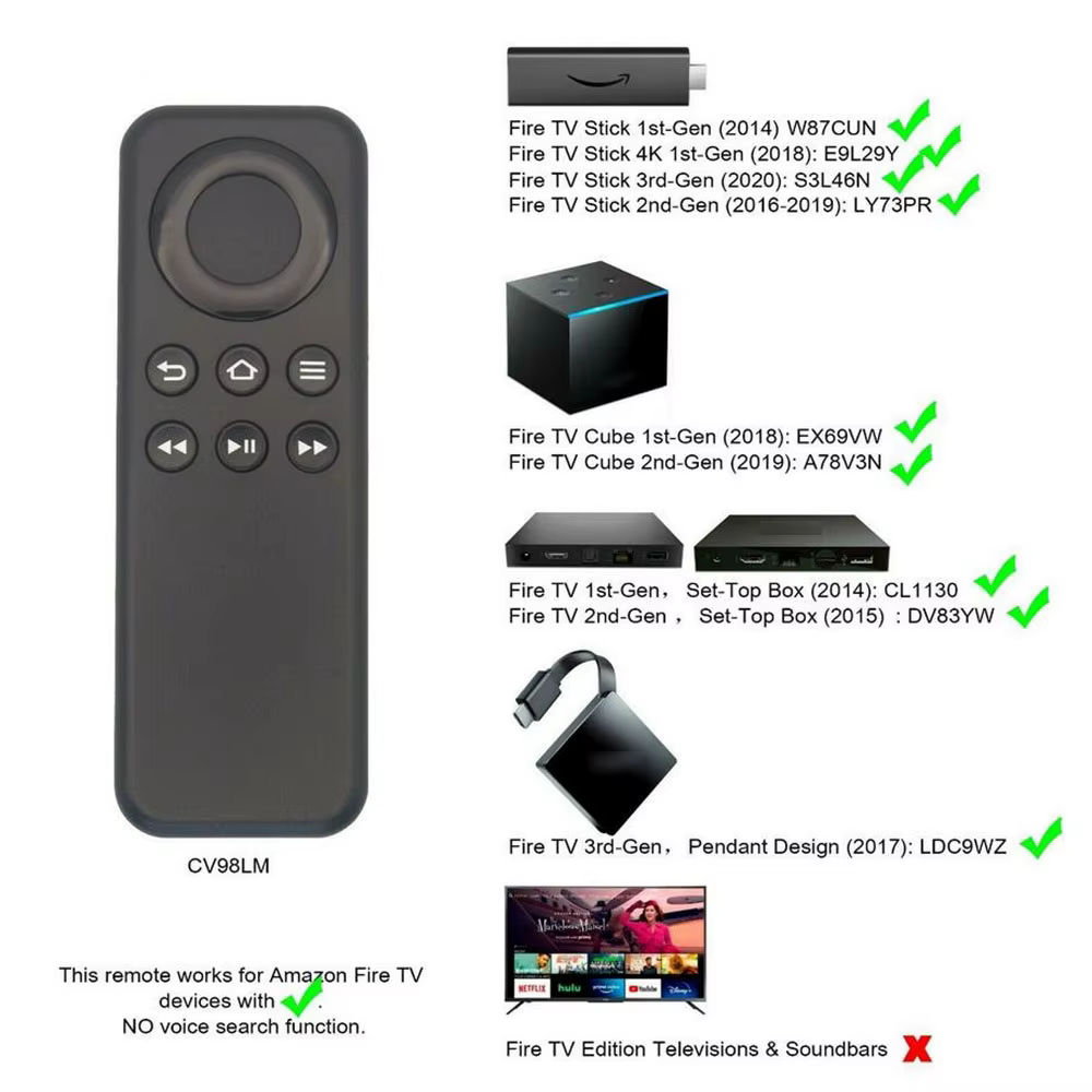 Télécommande TV Compatible Bluetooth, pour Amazonn 2e génération Fire TV Fire Stick, lecteur TV Box CV98LM