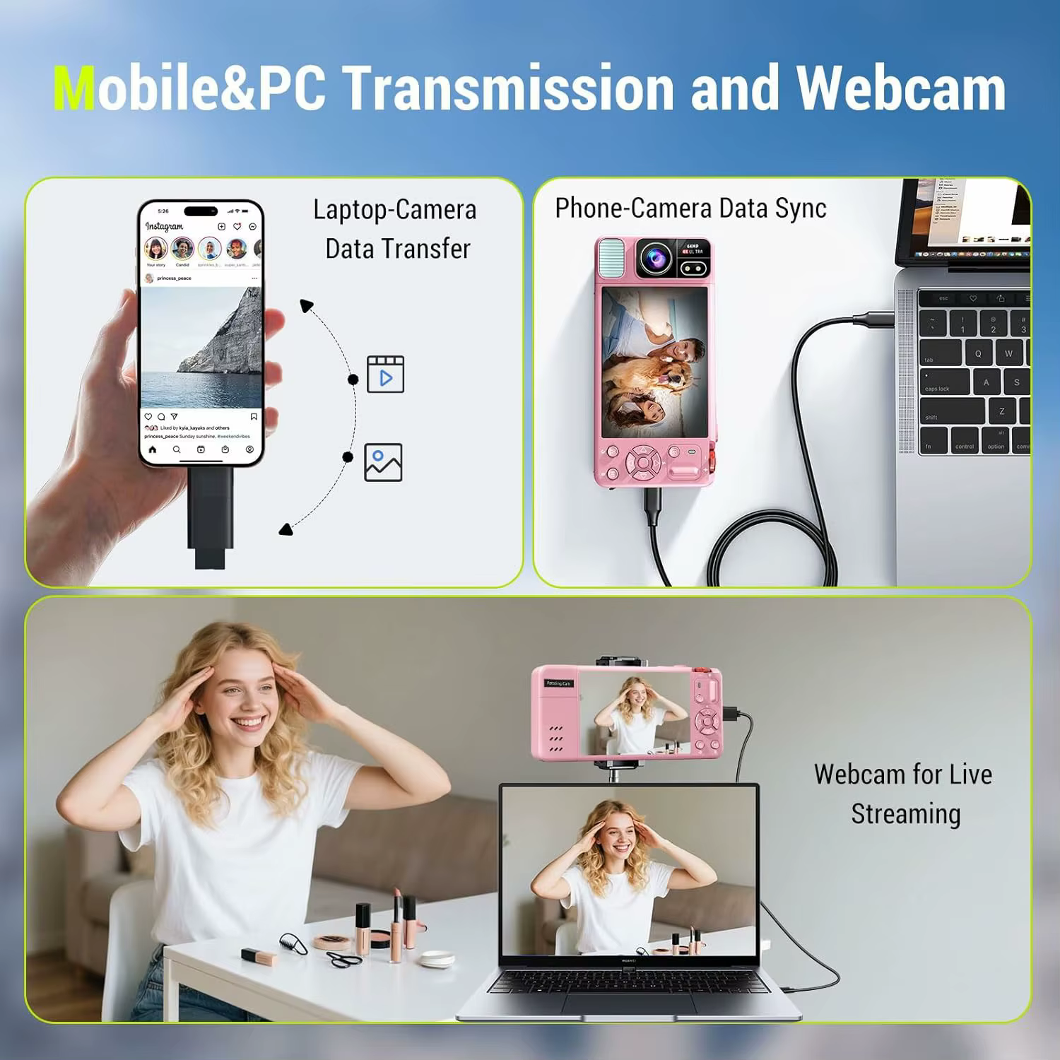 Appareil photo numérique 4K 64MP pour la photographie 270 ° Caméra Vlogging à écran rabattable, mise au point automatique, point de zoom 18X et prise de vue, appareil photo numérique