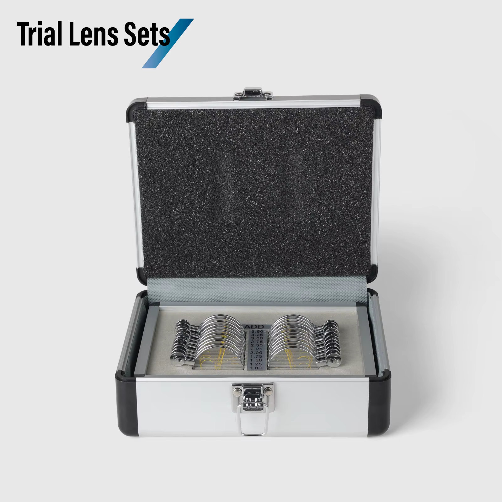 Ensemble de lentilles d'essai d'optométrie progressive-boîtier en aluminium 22 pièces avec ajouter des anneaux d'ouverture en métal de +1.0 à +3.5D pour les tests de lunettes