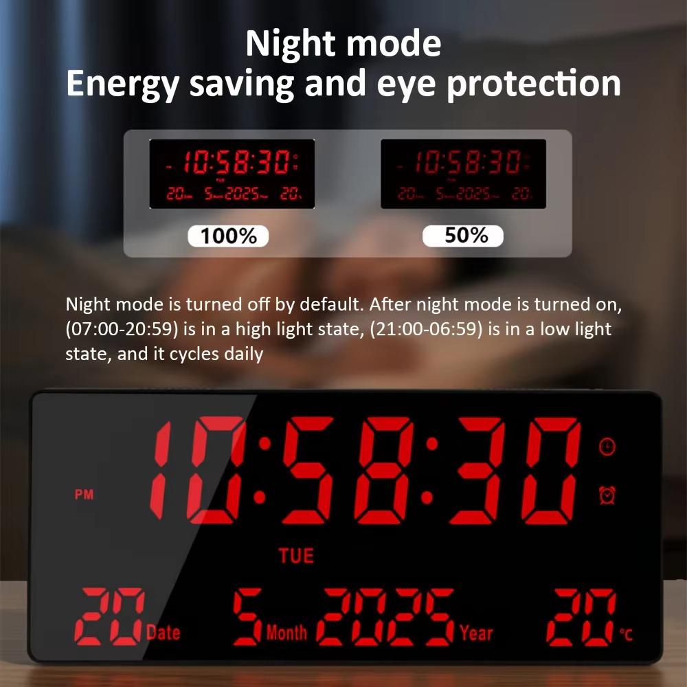 Horloge murale numérique LED de 15 pouces avec télécommande - 8 alarmes, affichage de la température, veilleuse à gradation automatique, fonction mémoire