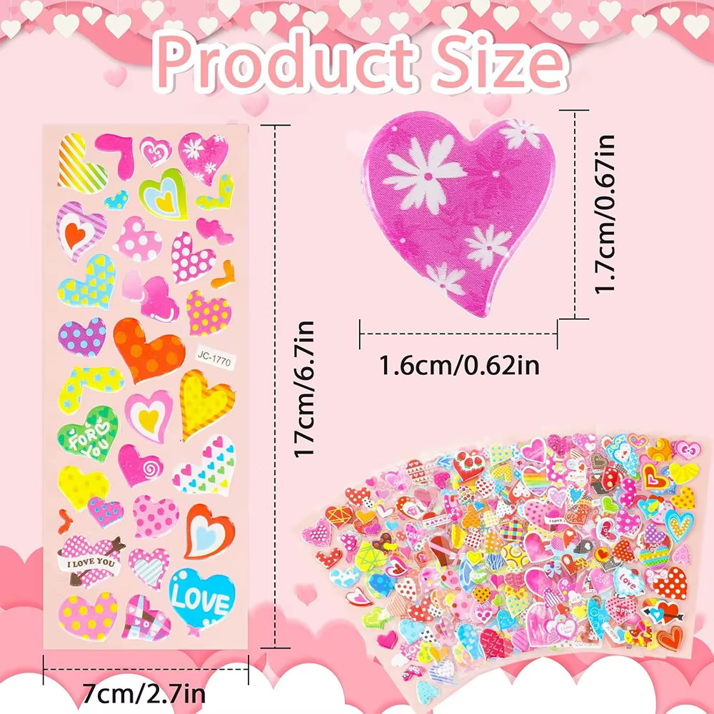 Autocollants en forme de coeur 8 feuilles Valentine Love Sweet Hearts autocollants pour enfants enfants mignon gonflé coloré 3D saint valentin Craf