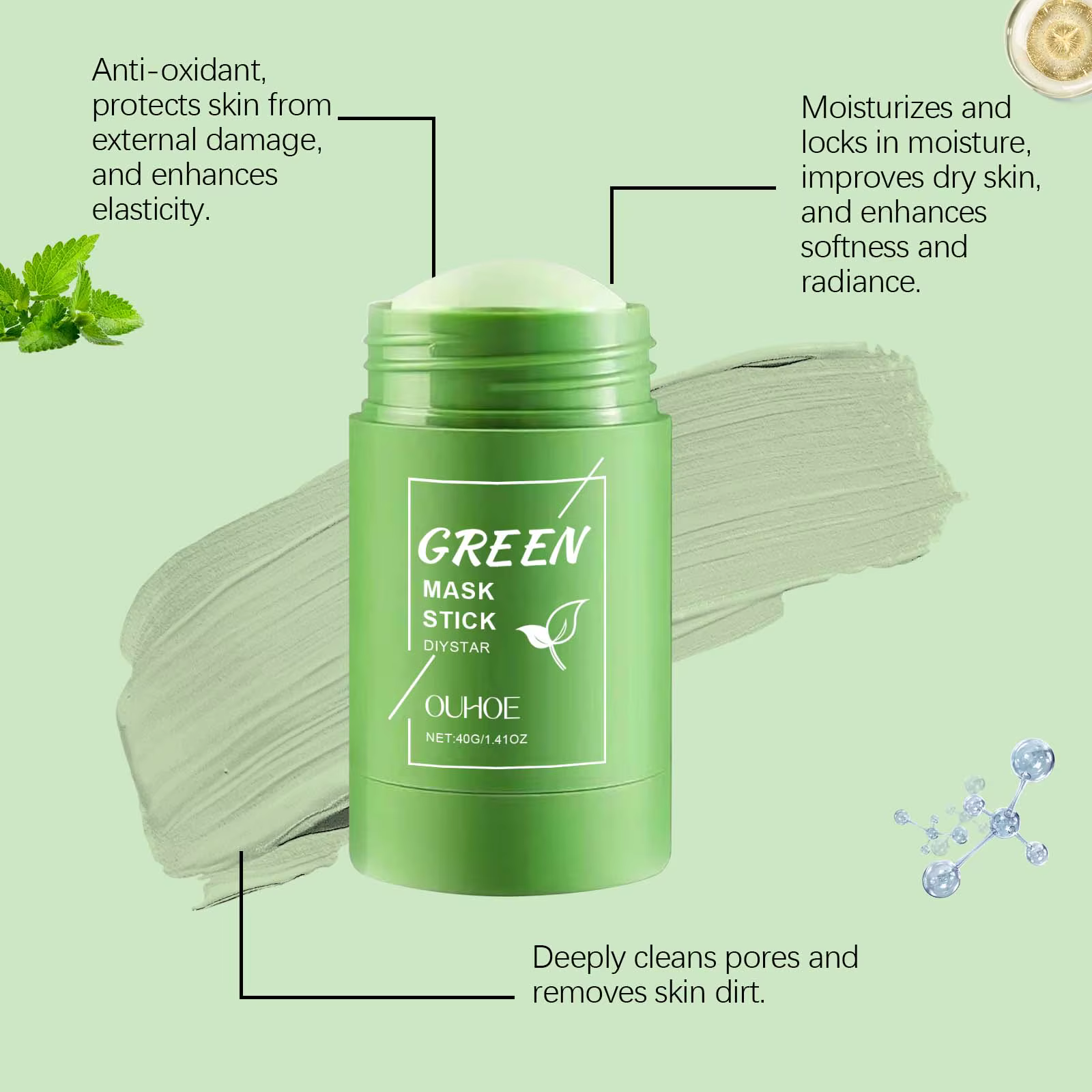 Bâtonnet d'argile au thé vert pour le visage, masque vert en stick, anti-acné, réduit les points noirs, extrait de thé vert, masque facial, nettoyage des pores, 1 à 5 pièces