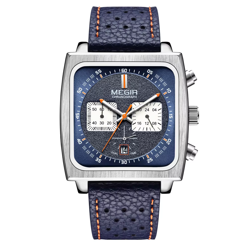 MEGIR cadran carré chronographe montres à Quartz pour hommes mode bracelet en cuir bleu montre-bracelet de Sport décontractée avec Date 24 heures 2182