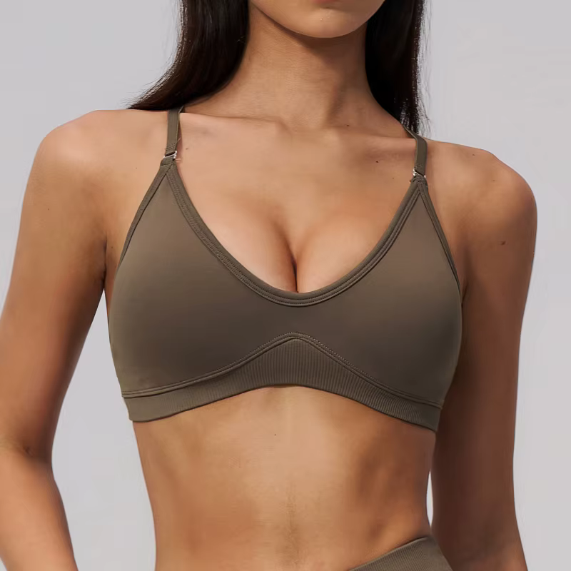 Soutien-gorge de sport côtelé à col halter pour femme, avec bretelles amovibles, haut de sport pour la gym, taille haute, effet push-up avec coussinets de poitrine