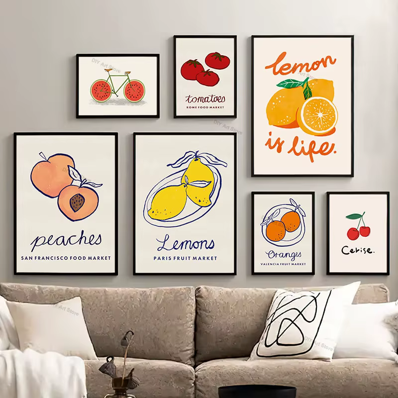 Affiche et impressions abstraites de fruits (citron, orange, pêche, tomate), peinture sur toile, décorations murales pour cuisine et salle à manger