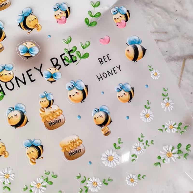 Pot de miel d'abeille mignon, fleurs de marguerite, Pot de miel, amour, cœur, feuilles vertes, Reliefs, autocollants auto-adhésifs pour Nail Art, décalcomanie de manucure