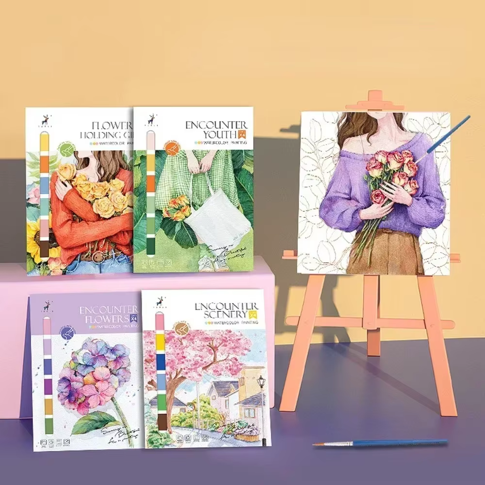 Livre de peinture à l'aquarelle Portable, 4 feuilles, livre de coloriage avec pinceau, livre de Gouache, Graffiti pour enfants, papeterie de dessin d'images