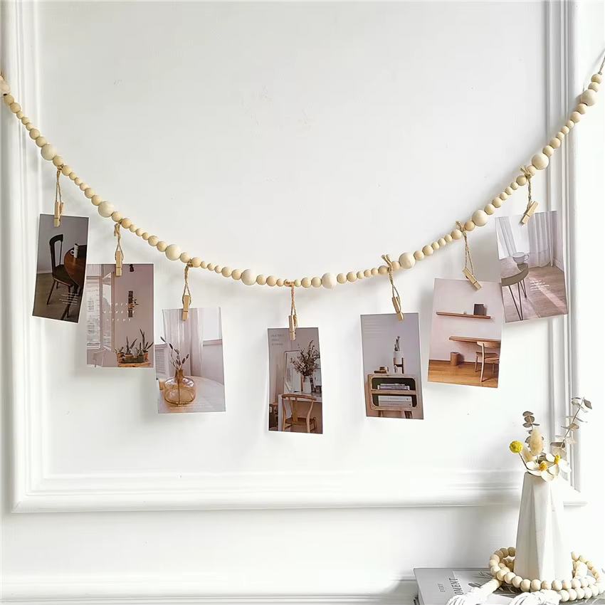Présentoir de photo avec document en bois, ficelle de perles en chanvre, rangement de gland, clip de ficelle, décoration de la maison