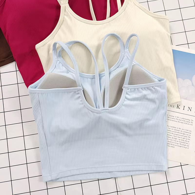 Soutien-gorge de sport côtelé à dos nageur pour femme avec bonnets fixes et coussinets intégrés - Antichoc, léger pour les entraînements de yoga, de pilates et de gymnastique