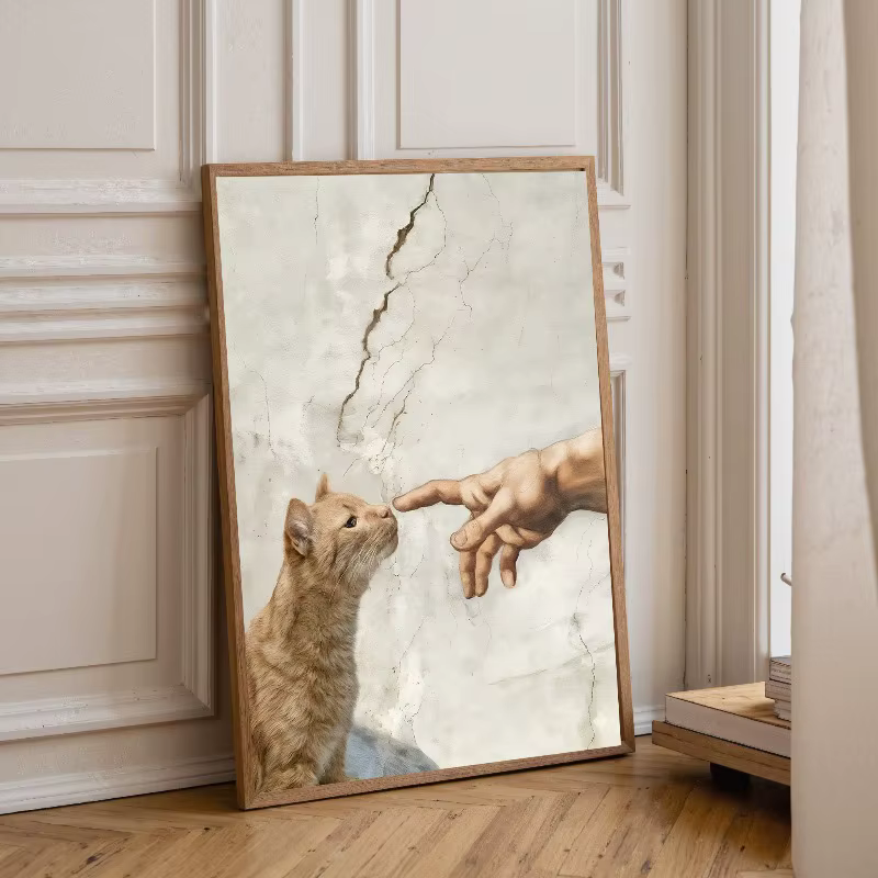 Affiche sur toile « La création d'Adam avec une patte de chat et de chien », impression d'affiche tendance pour décoration de salon et de maison