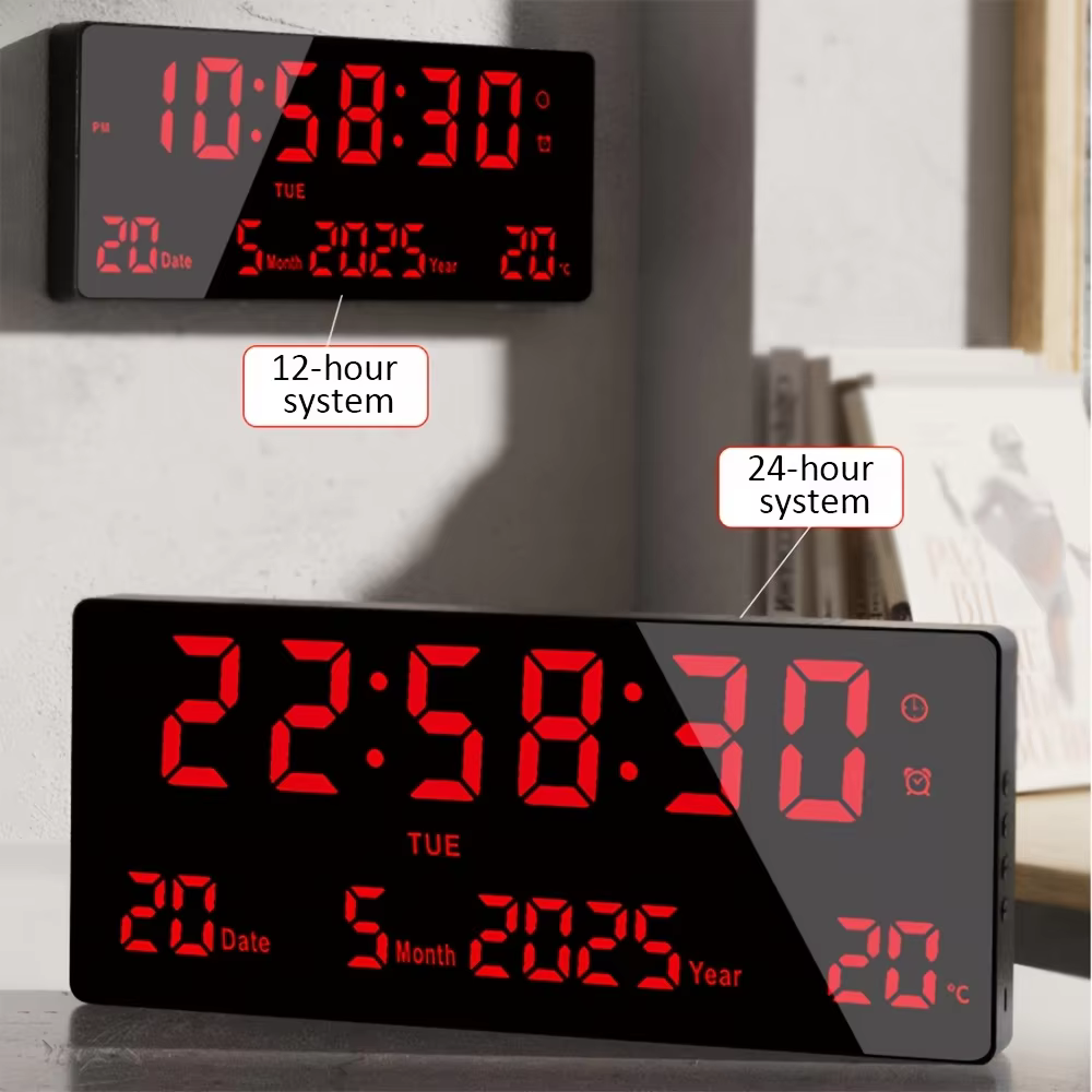 Horloge murale numérique LED de 15 pouces avec télécommande - 8 alarmes, affichage de la température, veilleuse à gradation automatique, fonction mémoire