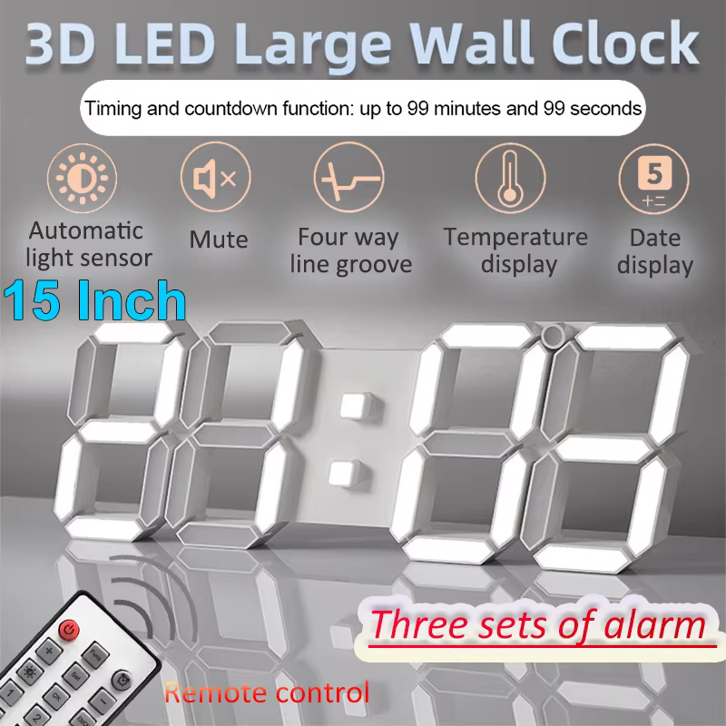 Horloge murale numérique LED de 15 pouces, affichage 3D, télécommande, horloge électronique, fonction de synchronisation et de compte à rebours automatiques