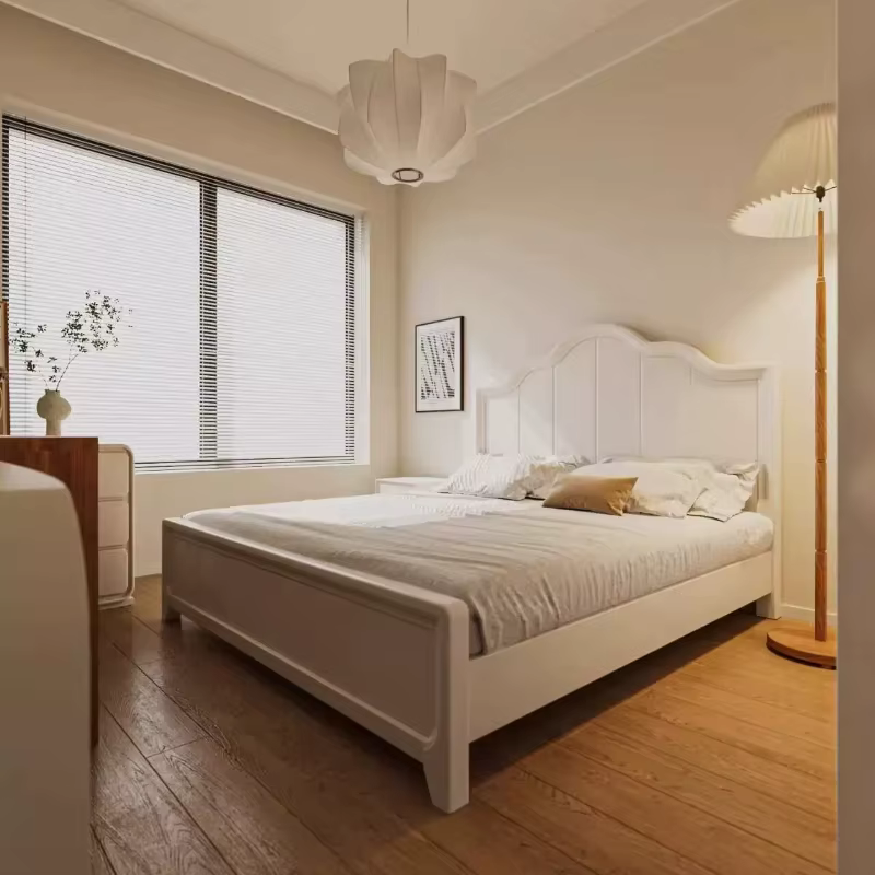 Lit blanc élégant, cadre minimaliste au design unique, lit de luxe crème, style lounge français, avec tête de lit et sommier intégré, pour chambre à coucher, mobilier de chambre.