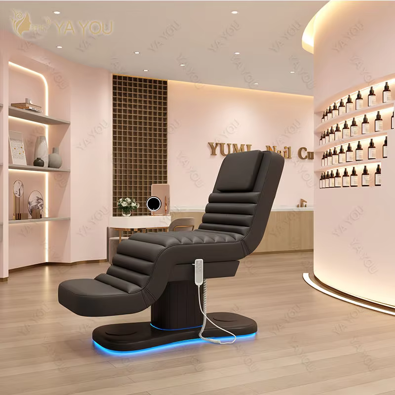 Table de massage électrique à 3 moteurs avec éclairage LED, chaise faciale noire côtelée, mobilier de spa médical et de salon de beauté