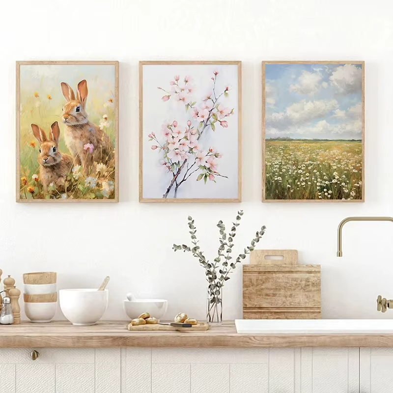 Affiche de printemps et de Pâques, champ de fleurs sauvages de printemps, famille de lapins, ville, lapin de Pâques, peinture sur toile, art mural, image, décoration de la maison