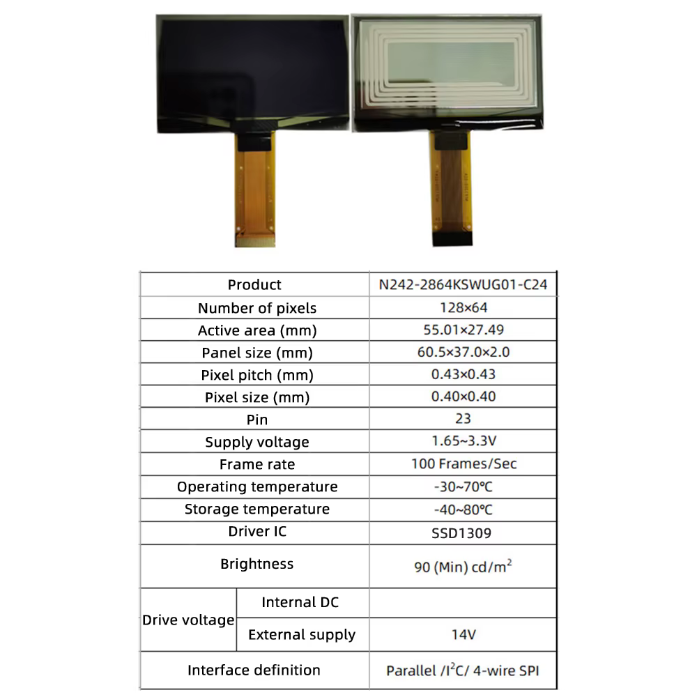 Écran LCD monochrome OLED, 2.42 pouces, résolution SSD1309, 23 broches, éventuelles I, matrice de points, 1.54x64, jaune, bleu, vert, blanc, 128
