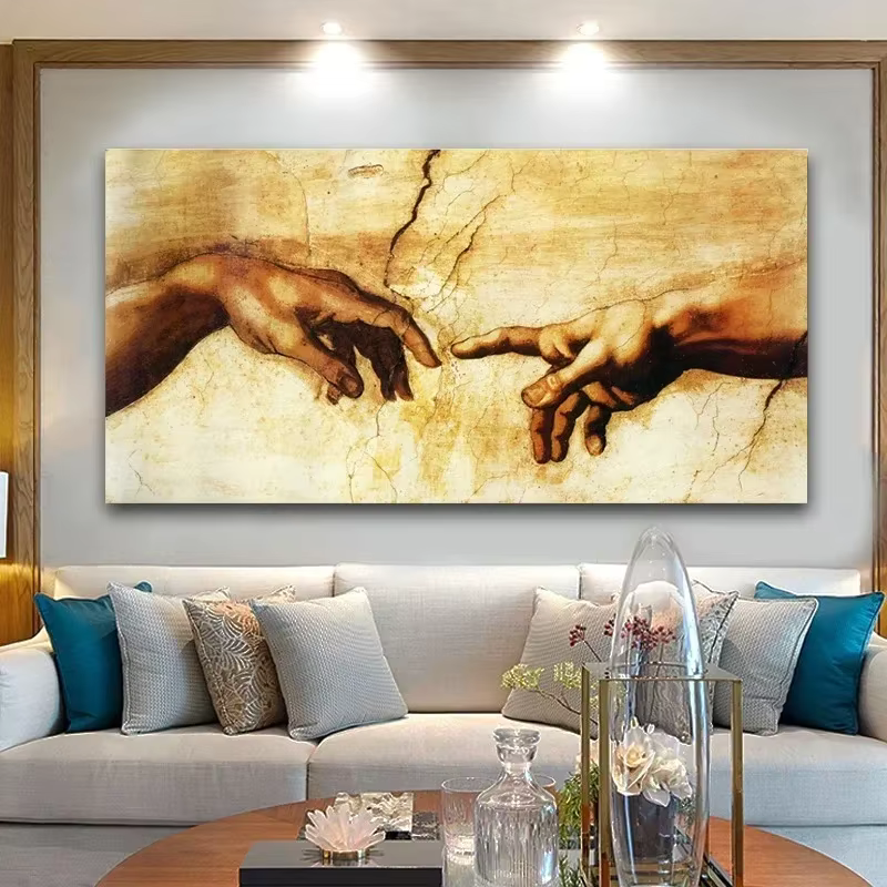 Main de dieu, création d'adam, peinture sur toile noire et blanche imprimée sur images d'art murales de Canavs pour décor de salon (sans cadre)
