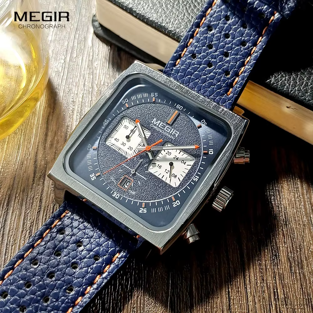 Montre à quartz pour homme MEGIR 2182 avec cadran carré, élégante et tendance, chronographe avec date, bracelet en cuir bleu noir, Reloj
