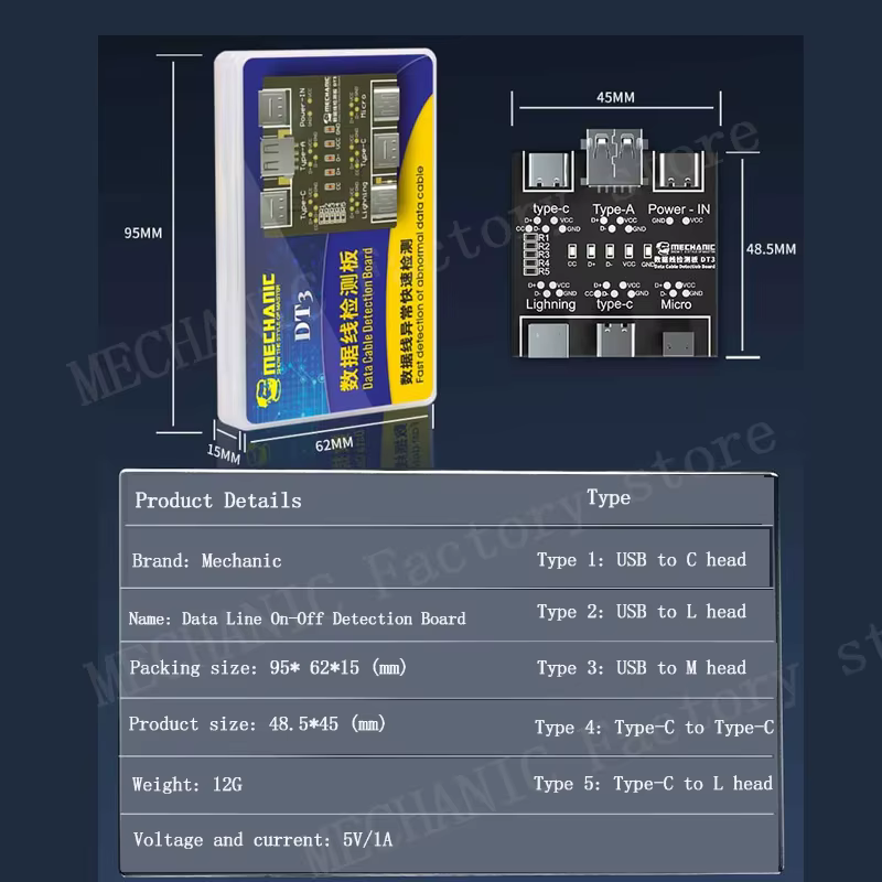 Carte de détection de câble de données mécanique DT3, testeur de câble USB, commutation marche-arrêt de court-Circuit pour outil de carte de Test iOS Android type-c