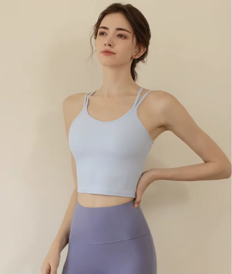 Soutien-gorge de sport côtelé à dos nageur pour femme avec bonnets fixes et coussinets intégrés - Antichoc, léger pour les entraînements de yoga, de pilates et de gymnastique