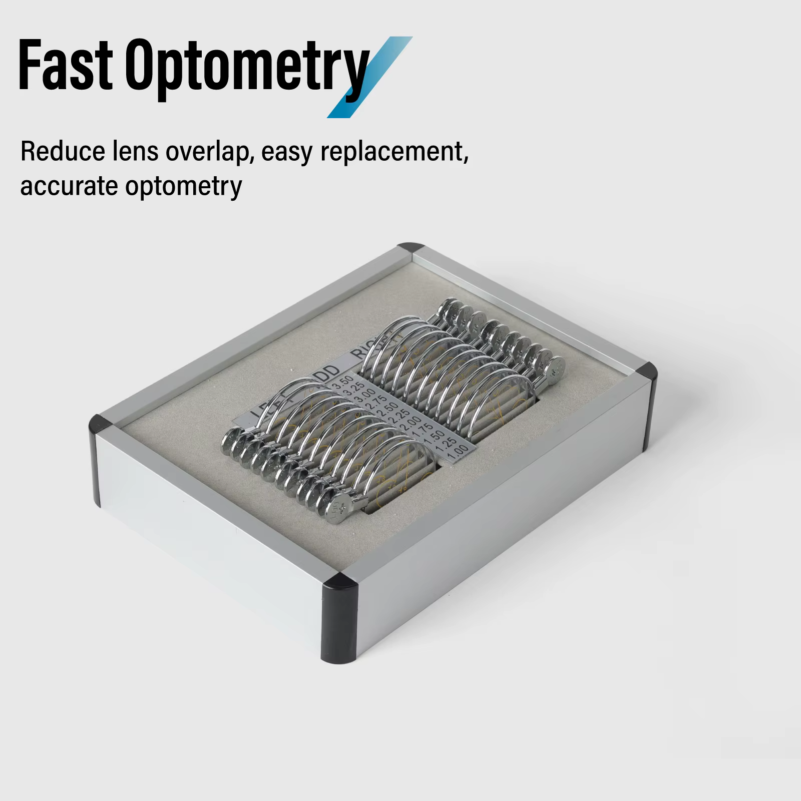 Ensemble de lentilles d'essai d'optométrie progressive – Boîtier en aluminium 22 pièces avec bagues d'ouverture métalliques AJOUTER + 1,0 à + 3,5D pour un test précis de vision