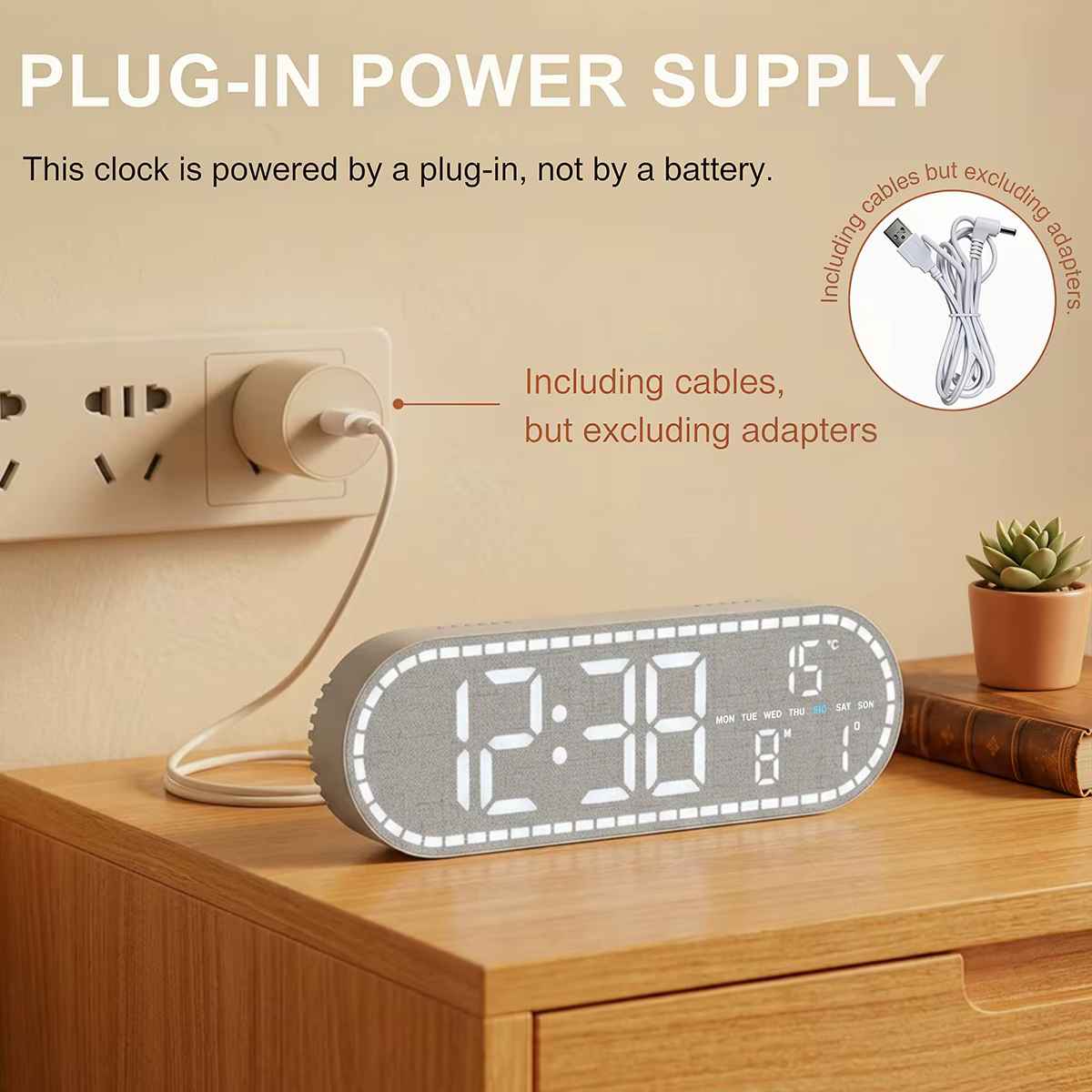 Grande horloge murale numérique avec affichage de la température, de la date et du jour de la semaine, horloge de table électronique à LED, luminosité réglable, format 12/24H