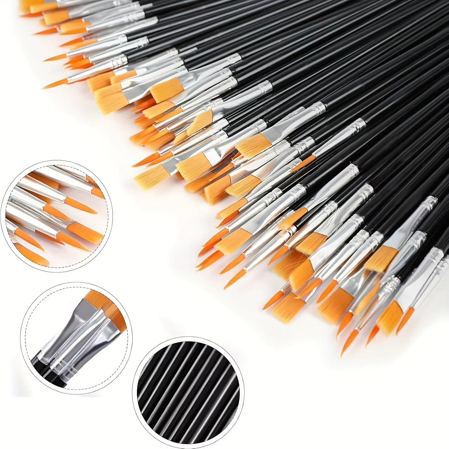 100 pinceaux en nylon noir avec pointes plates et rondes, adaptés à la peinture à l'huile, à l'aquarelle et à la toile