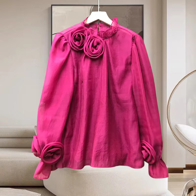 Chemisier Femme Style Français Printemps 2026 avec Fleurs en Relief et Patchwork Coloré, Blouse Unie à Manches Longues pour Femme 42927