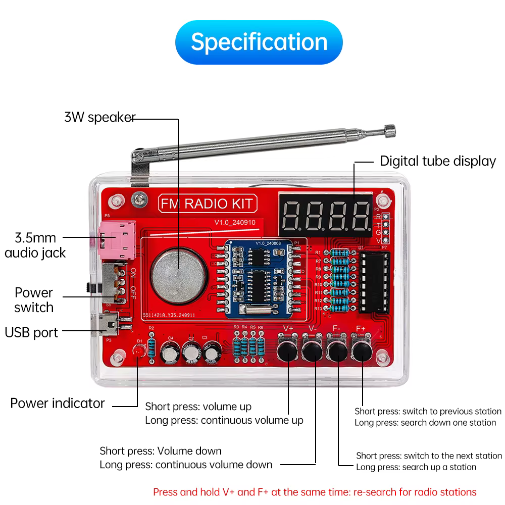 Kit de soudure radio FM RDA5807 87-108 MHz pour le bricolage, idéal pour l'enseignement scolaire et les passionnés de bricolage, etc.