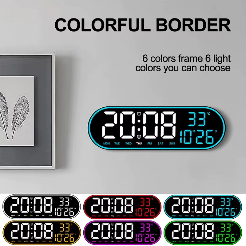 Grande horloge murale numérique de 15 pouces, horloge électronique LED avec cadre coloré, affichage de la température, de la Date, de la semaine, Snooze, double réveil