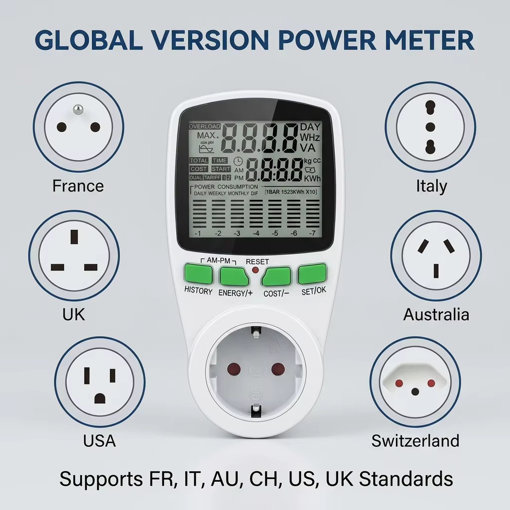 France, Belgique Ue numérique LCD énergie watt mètre wattmètre puissance électrique Kwh moniteur de puissance compteur mesure prise de mesure analyseur de puissance