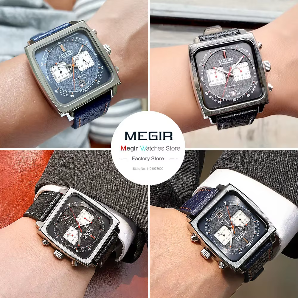 Montre à quartz pour homme MEGIR 2182 avec cadran carré, élégante et tendance, chronographe avec date, bracelet en cuir bleu noir, Reloj