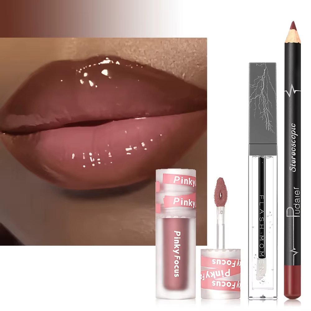 Ensemble de lèvres brillantes 3 pièces, brillant à lèvres scintillant + huile à lèvres + crayon à lèvres, nourrissant, Non collant, haute brillance, maquillage quotidien